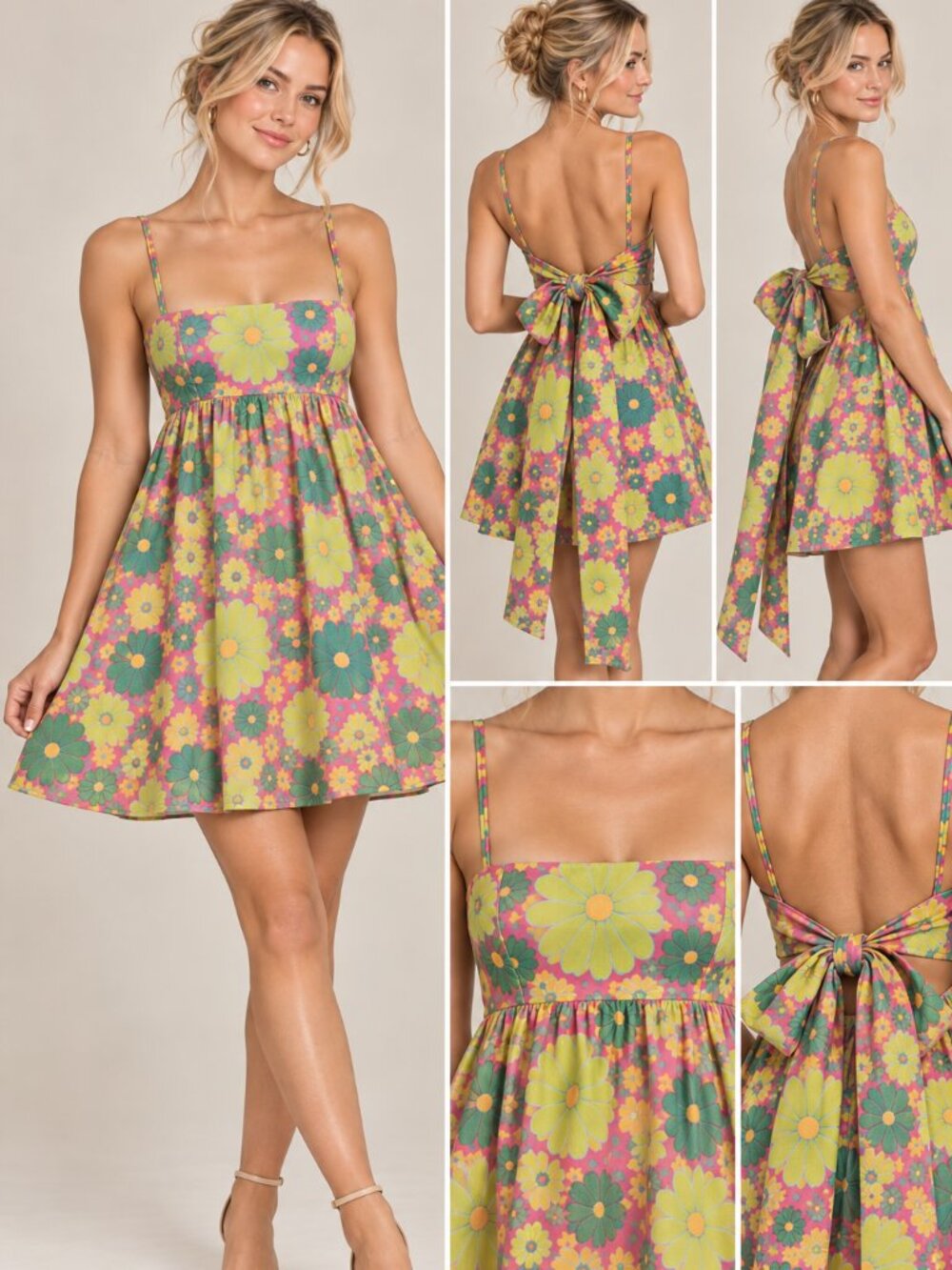 Glamorous Floral Mini Dress Size 12 Pink Green Yellow Open Back Bow